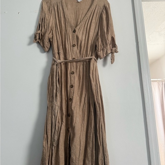 Time & Tru Tan Tie-Sleeve Linen Blend Midi Dress - Picture 4 of 8